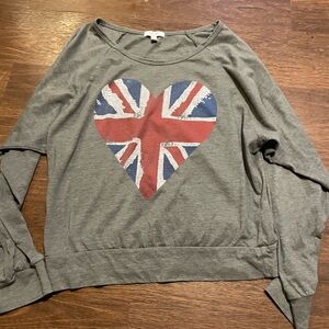 dELiA*s Gray Long Sleeve Tee with Union Jack Heart Graphic